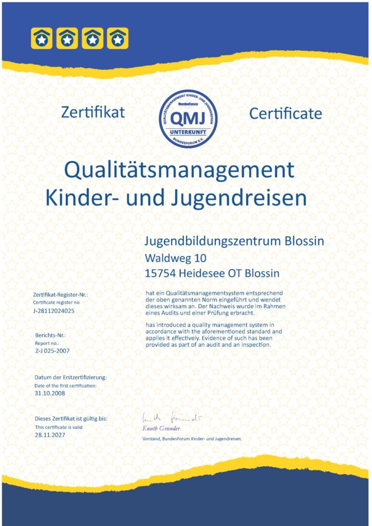 Zertifikat für Qualitätsmanagement Kinder- und Jugendreisen